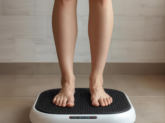 A woman stands on a vibration plate at a spa, her body slightly bent as she maintains balance. She is dressed in comfortable activewear, with her arms by her sides, and appears relaxed and focused on the session.